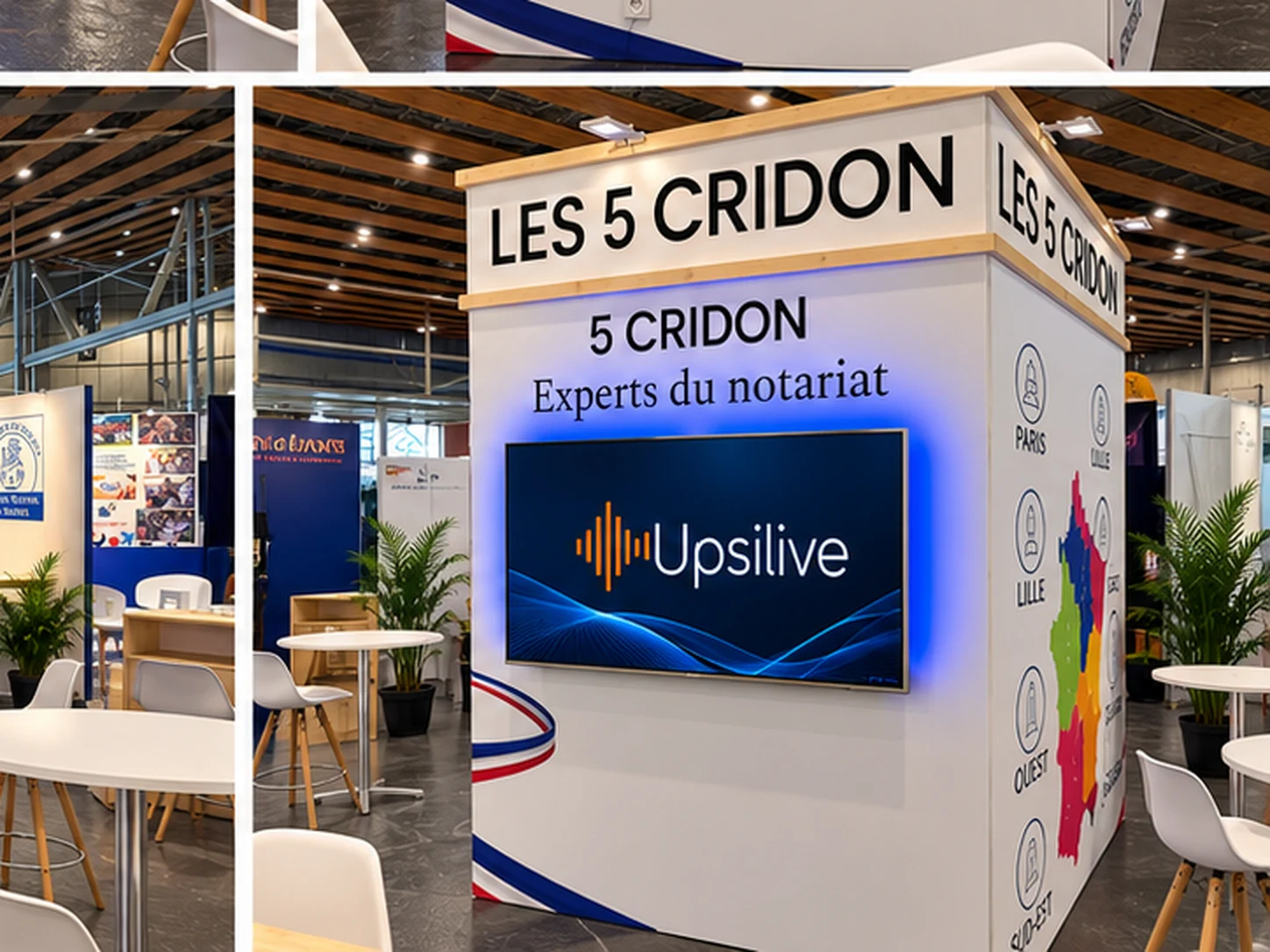 Écran vidéo rétroéclairé en bleu sur le stand Les 5 CRIDON au salon des notaires de Lille Grand Palais